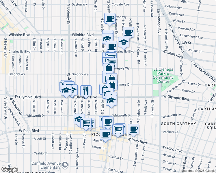 map of restaurants, bars, coffee shops, grocery stores, and more near 344 South Clark Drive in Beverly Hills