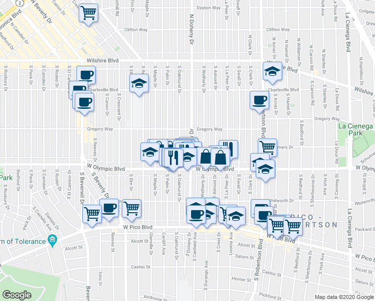 map of restaurants, bars, coffee shops, grocery stores, and more near 344 South Oakhurst Drive in Beverly Hills