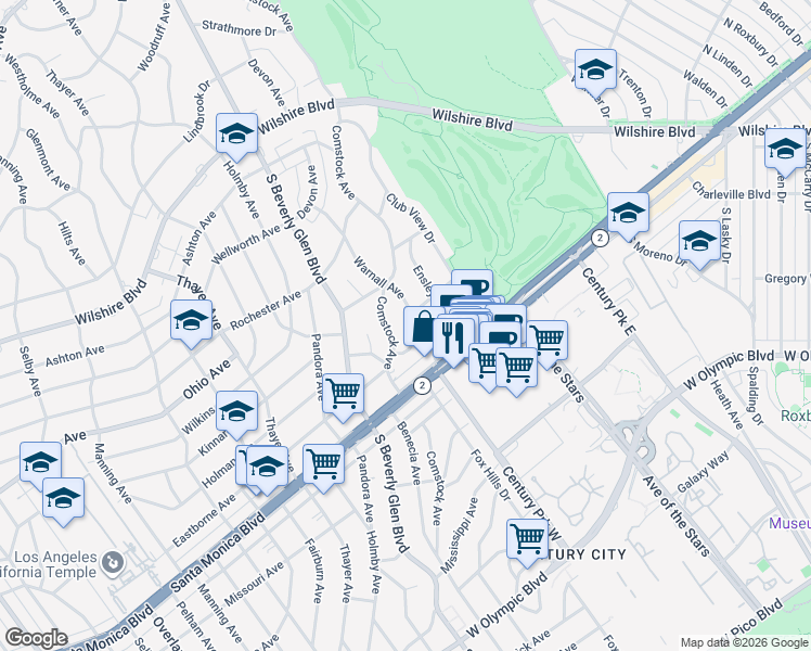 map of restaurants, bars, coffee shops, grocery stores, and more near 1724 Warnall Avenue in Los Angeles