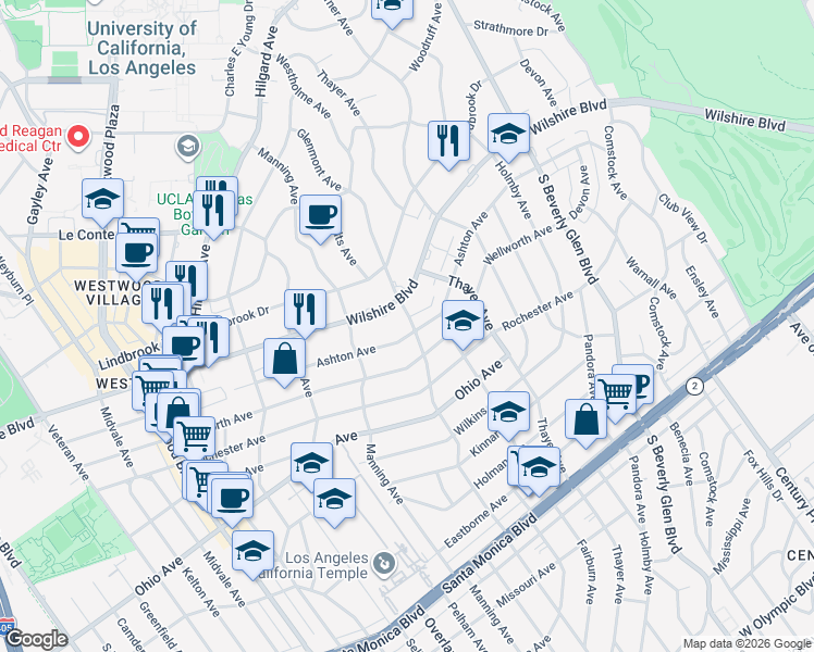 map of restaurants, bars, coffee shops, grocery stores, and more near 10619 Ashton Avenue in Los Angeles