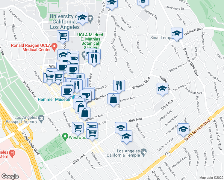map of restaurants, bars, coffee shops, grocery stores, and more near 10763 Wilshire Boulevard in Los Angeles