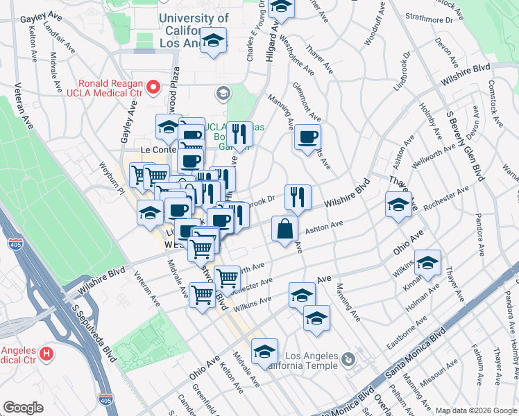 map of restaurants, bars, coffee shops, grocery stores, and more near 10800 Lindbrook Drive in Los Angeles