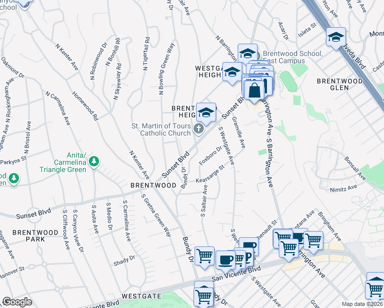 map of restaurants, bars, coffee shops, grocery stores, and more near 124 South Saltair Avenue in Los Angeles