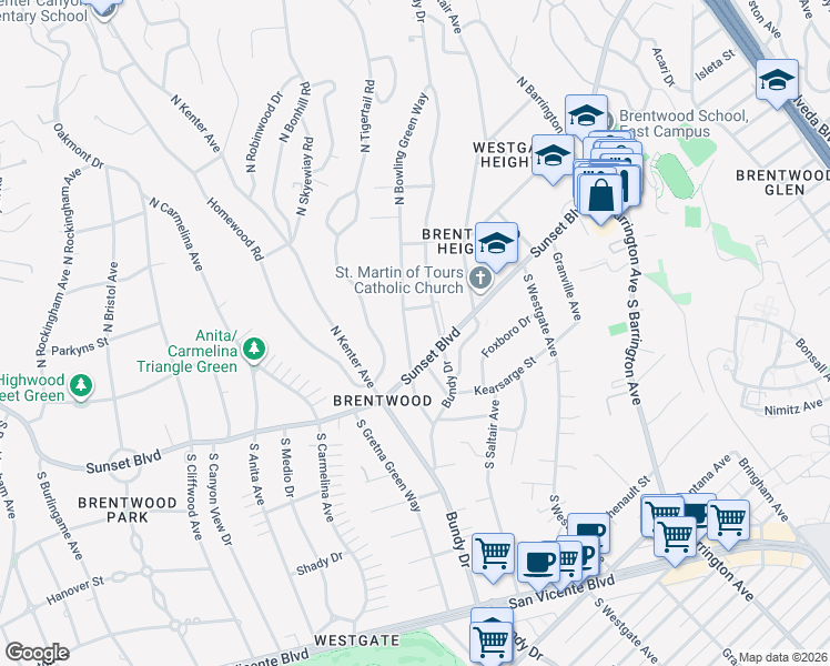 map of restaurants, bars, coffee shops, grocery stores, and more near 143 North Bowling Green Way in Los Angeles