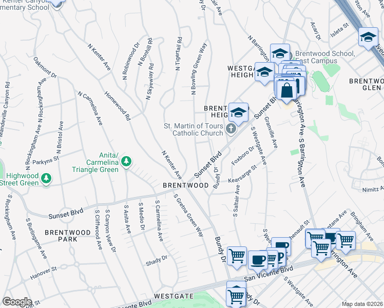 map of restaurants, bars, coffee shops, grocery stores, and more near 143 North Bowling Green Way in Los Angeles