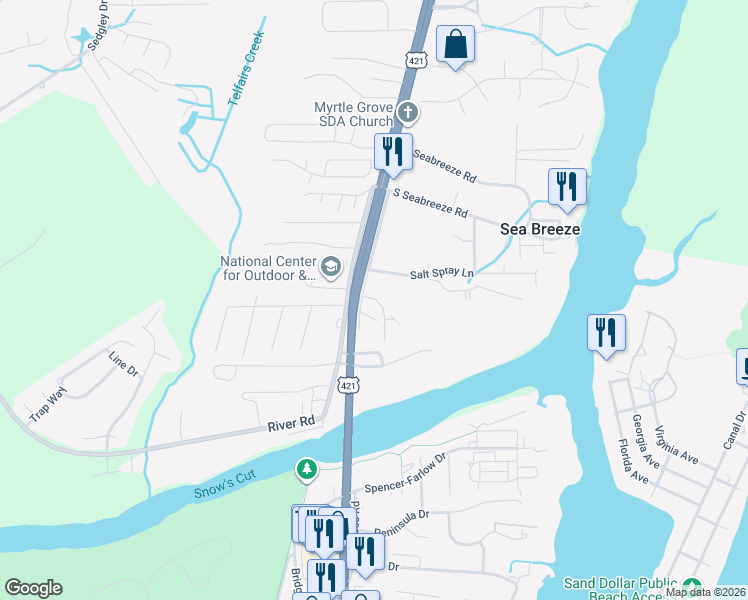 map of restaurants, bars, coffee shops, grocery stores, and more near 7775 Carolina Beach Road in Wilmington