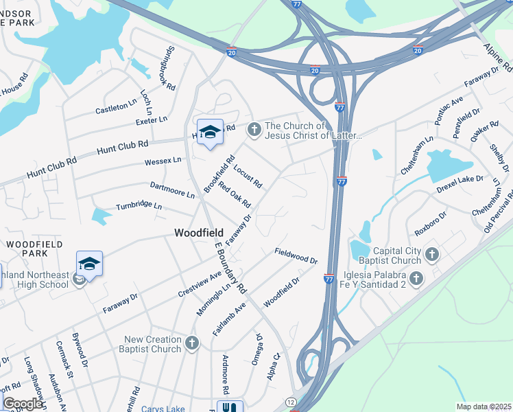 map of restaurants, bars, coffee shops, grocery stores, and more near 2301 Red Oak Road in Columbia