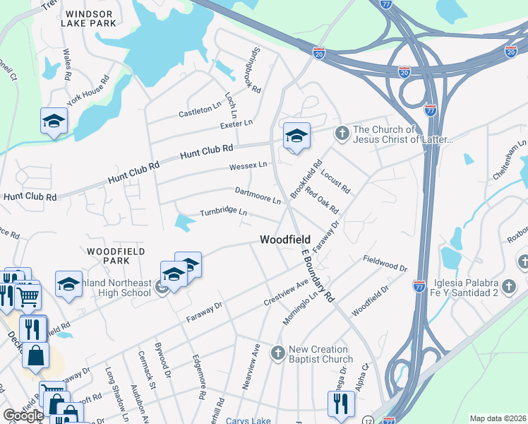 map of restaurants, bars, coffee shops, grocery stores, and more near 43D Courtyard Lane in Columbia