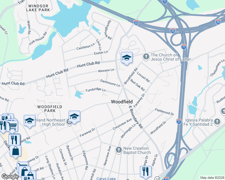map of restaurants, bars, coffee shops, grocery stores, and more near 43D Courtyard Lane in Columbia