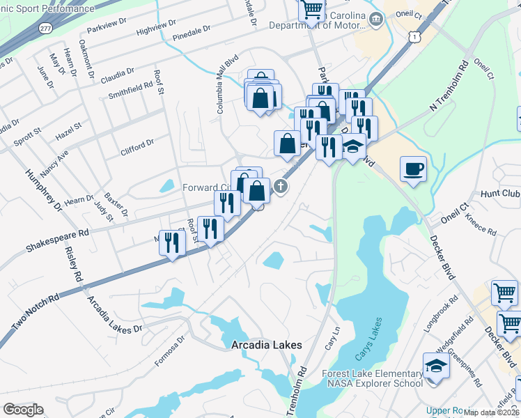 map of restaurants, bars, coffee shops, grocery stores, and more near 6908 Two Notch Road in Columbia