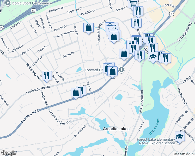 map of restaurants, bars, coffee shops, grocery stores, and more near 7355 Middle Street in Columbia