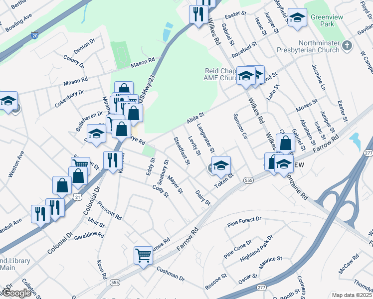 map of restaurants, bars, coffee shops, grocery stores, and more near 1627 Levity Street in Columbia