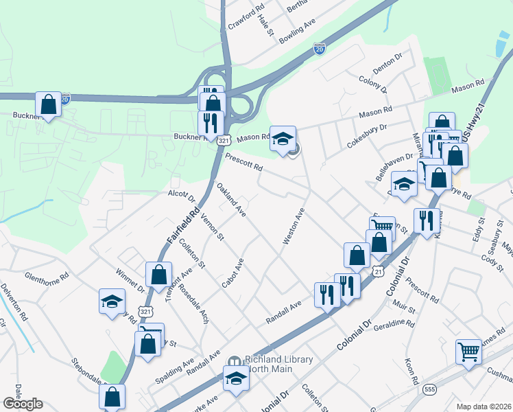 map of restaurants, bars, coffee shops, grocery stores, and more near 710 Oakland Avenue in Columbia