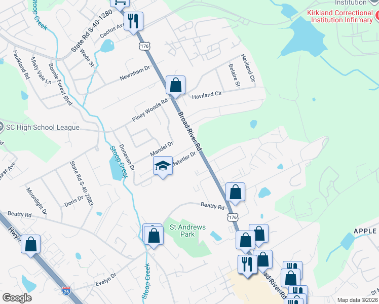 map of restaurants, bars, coffee shops, grocery stores, and more near 109 Crestland Drive in Columbia