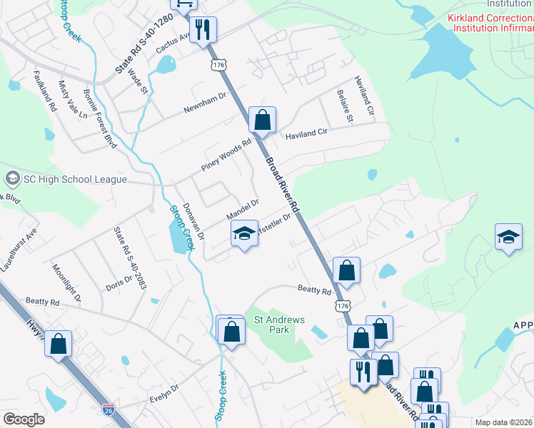 map of restaurants, bars, coffee shops, grocery stores, and more near 136 Crestland Drive in Columbia