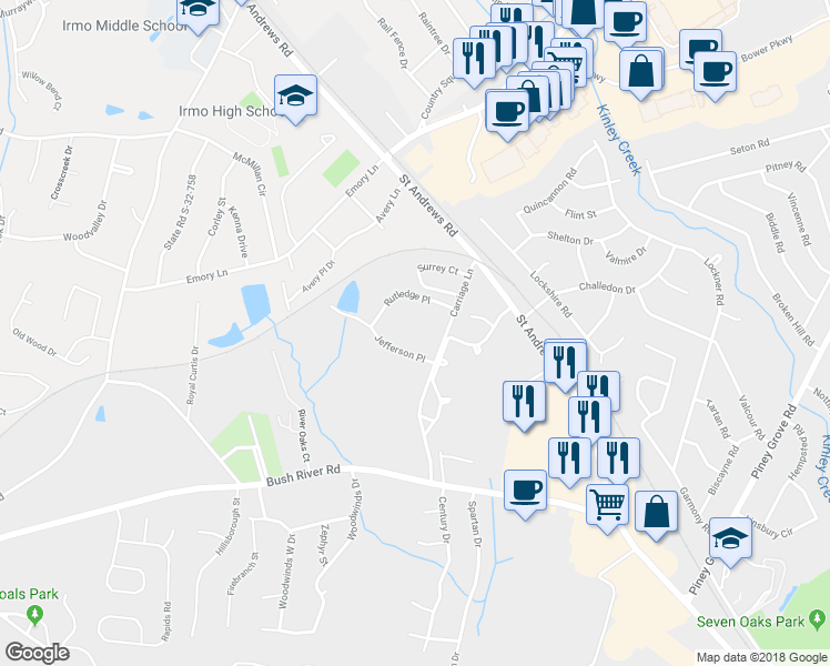 map of restaurants, bars, coffee shops, grocery stores, and more near 119 Jefferson Place in Columbia
