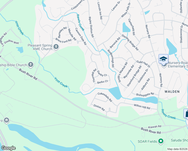 map of restaurants, bars, coffee shops, grocery stores, and more near 114 Thornhill Road in Columbia