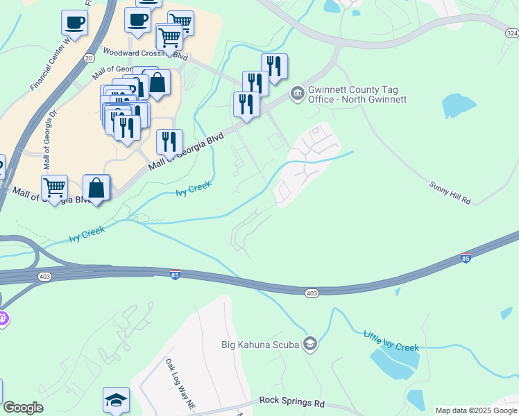 map of restaurants, bars, coffee shops, grocery stores, and more near 1839 Appaloosa Mill Circle Northeast in Buford