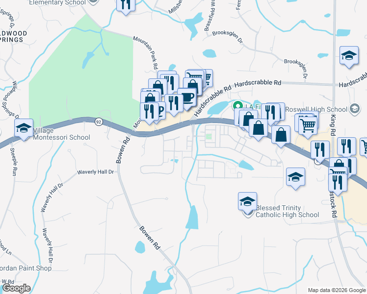 map of restaurants, bars, coffee shops, grocery stores, and more near 7102 Lowery Oak Drive in Roswell
