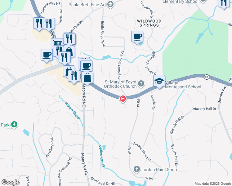 map of restaurants, bars, coffee shops, grocery stores, and more near 1900 Woodstock Road in Roswell
