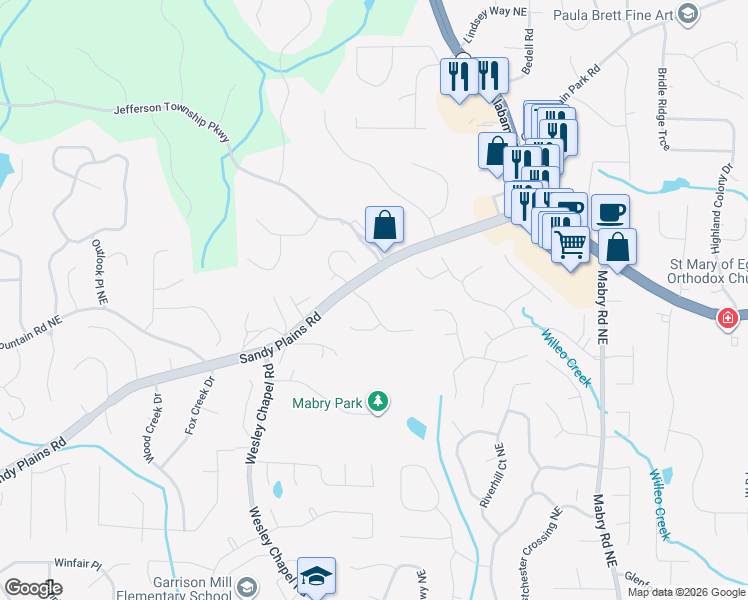 map of restaurants, bars, coffee shops, grocery stores, and more near 4107 Springwood Place in Marietta