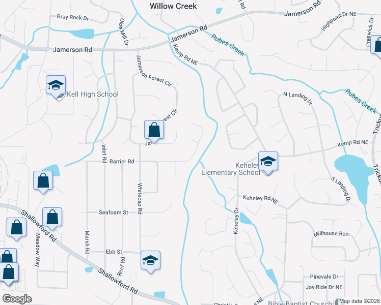 map of restaurants, bars, coffee shops, grocery stores, and more near 1575 Barrier Road in Marietta