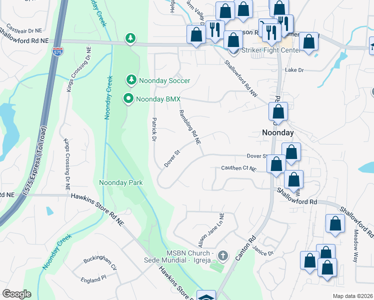 map of restaurants, bars, coffee shops, grocery stores, and more near 613 Dover Street in Marietta