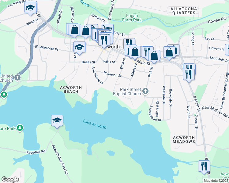map of restaurants, bars, coffee shops, grocery stores, and more near 4408 Lakeview Court in Acworth