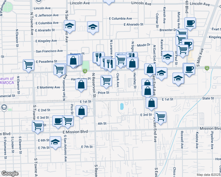 map of restaurants, bars, coffee shops, grocery stores, and more near 248 North Loranne Avenue in Pomona