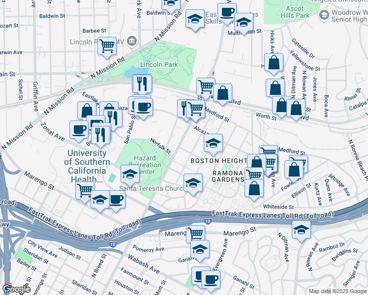 map of restaurants, bars, coffee shops, grocery stores, and more near 2409 Norfolk Street in Los Angeles