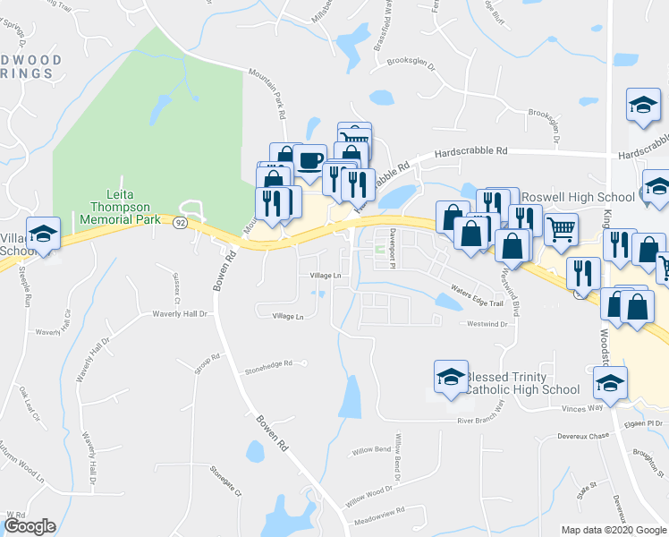 map of restaurants, bars, coffee shops, grocery stores, and more near 7102 Lowery Oak Drive in Roswell