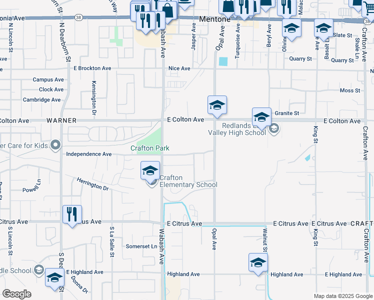 map of restaurants, bars, coffee shops, grocery stores, and more near 30598 Independence Avenue in Redlands