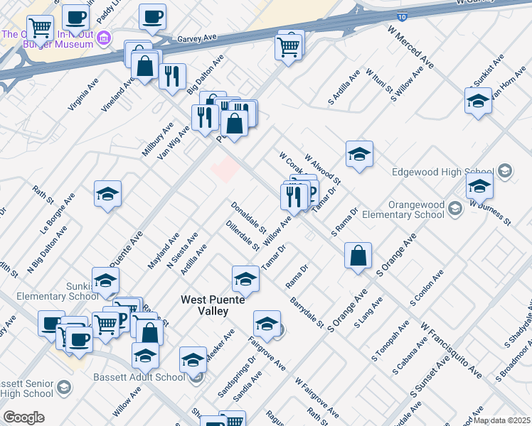 map of restaurants, bars, coffee shops, grocery stores, and more near 1525 Bromley Avenue in La Puente