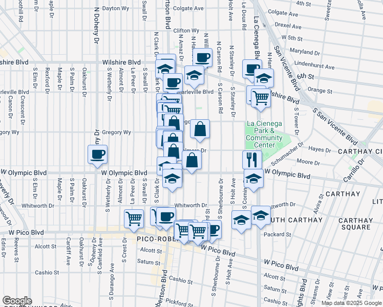 map of restaurants, bars, coffee shops, grocery stores, and more near 913 South Shenandoah Street in Los Angeles