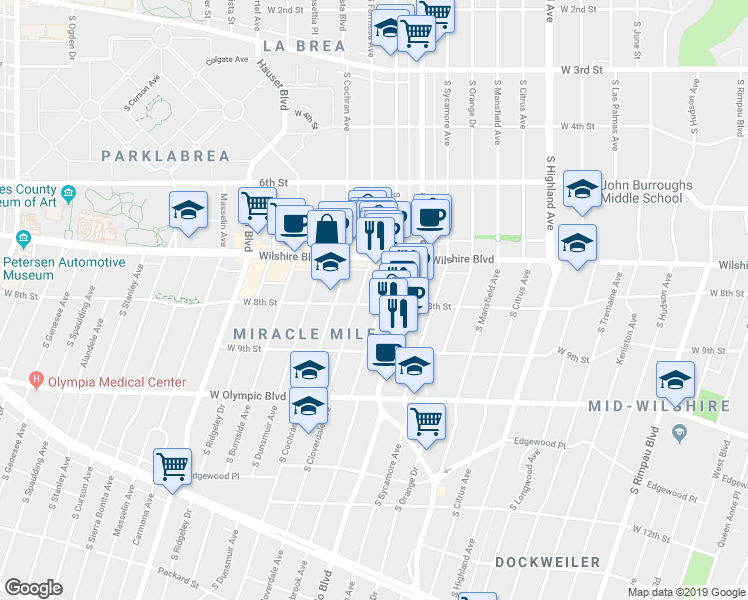 map of restaurants, bars, coffee shops, grocery stores, and more near 5355 West 8th Street in Los Angeles