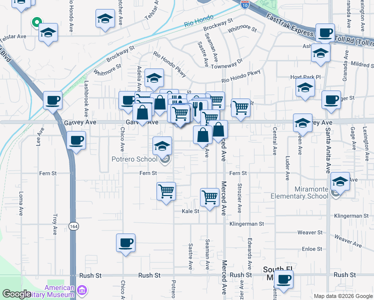 map of restaurants, bars, coffee shops, grocery stores, and more near 2652 Potrero Avenue in El Monte