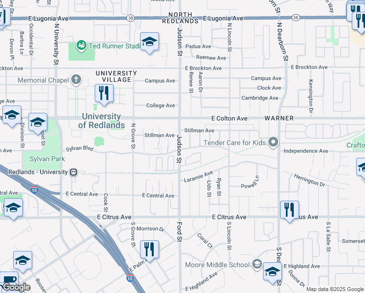map of restaurants, bars, coffee shops, grocery stores, and more near 502 Judson Street in Redlands