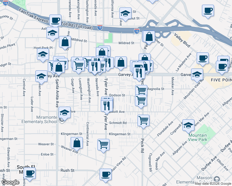 map of restaurants, bars, coffee shops, grocery stores, and more near 11039 Dodson Street in El Monte