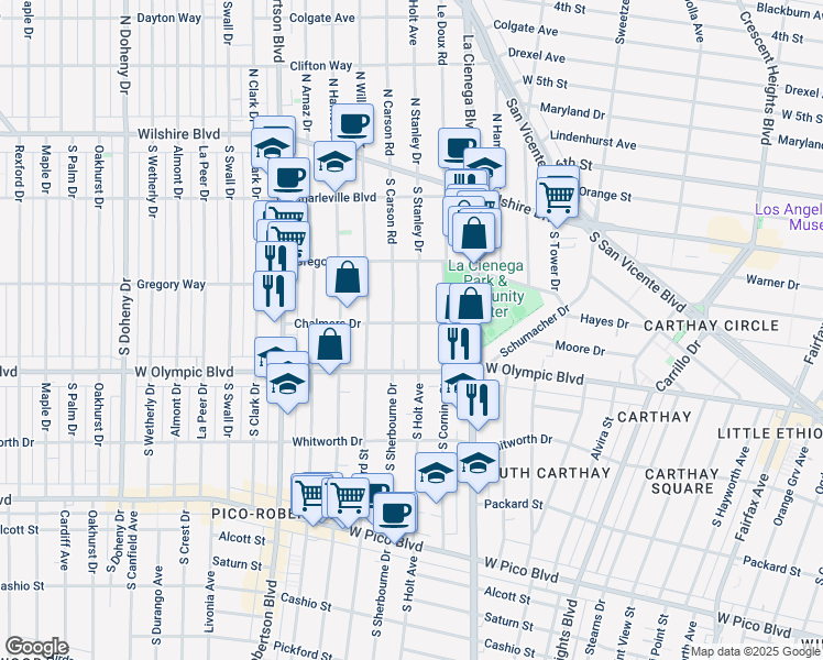 map of restaurants, bars, coffee shops, grocery stores, and more near 911 South Holt Avenue in Los Angeles