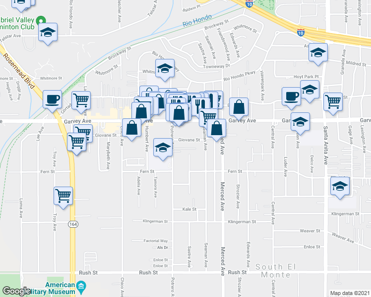 map of restaurants, bars, coffee shops, grocery stores, and more near 2652 Potrero Avenue in El Monte