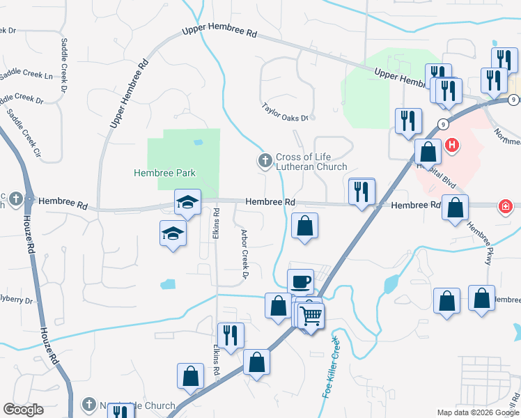 map of restaurants, bars, coffee shops, grocery stores, and more near 155 Arbor Creek Way in Roswell