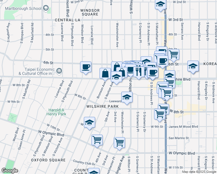 map of restaurants, bars, coffee shops, grocery stores, and more near 681 South Norton Avenue in Los Angeles