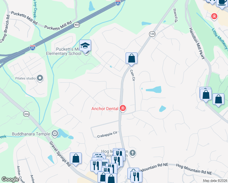 map of restaurants, bars, coffee shops, grocery stores, and more near 2945 Ironwood Briar Drive in Dacula