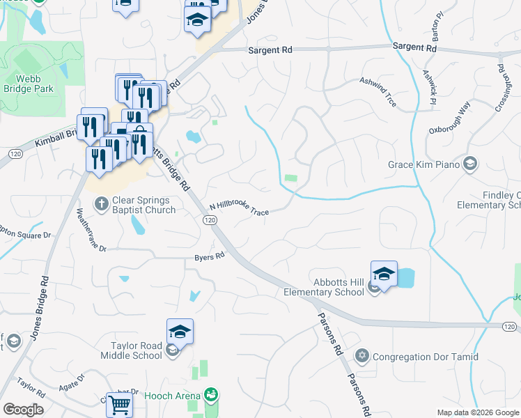 map of restaurants, bars, coffee shops, grocery stores, and more near 5340 North Hillbrooke Trace in Alpharetta