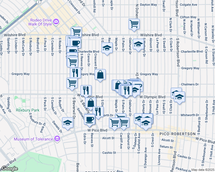 map of restaurants, bars, coffee shops, grocery stores, and more near 344 South Rexford Drive in Beverly Hills
