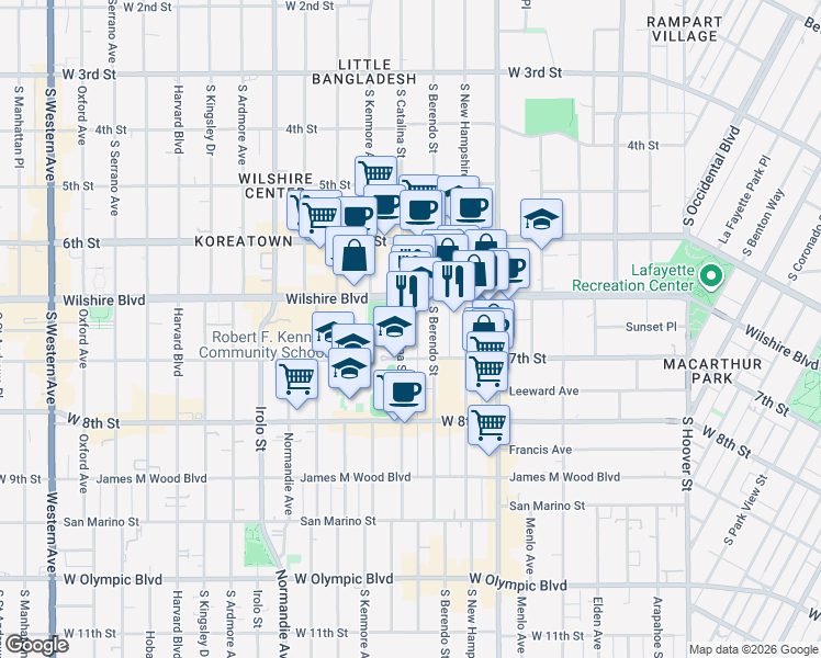 map of restaurants, bars, coffee shops, grocery stores, and more near 689 South Berendo Street in Los Angeles