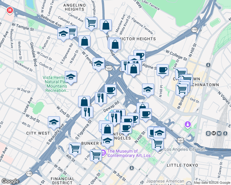 map of restaurants, bars, coffee shops, grocery stores, and more near 909 West Temple Street in Los Angeles