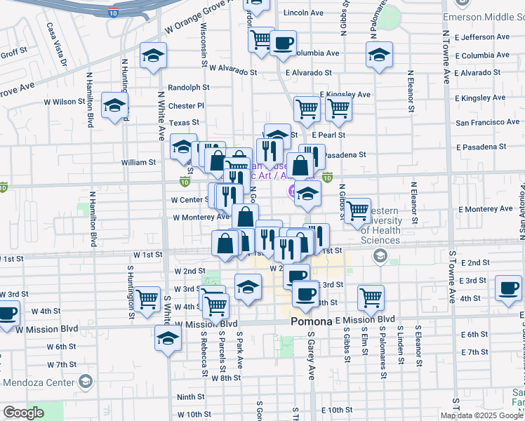 map of restaurants, bars, coffee shops, grocery stores, and more near 249 West Monterey Avenue in Pomona
