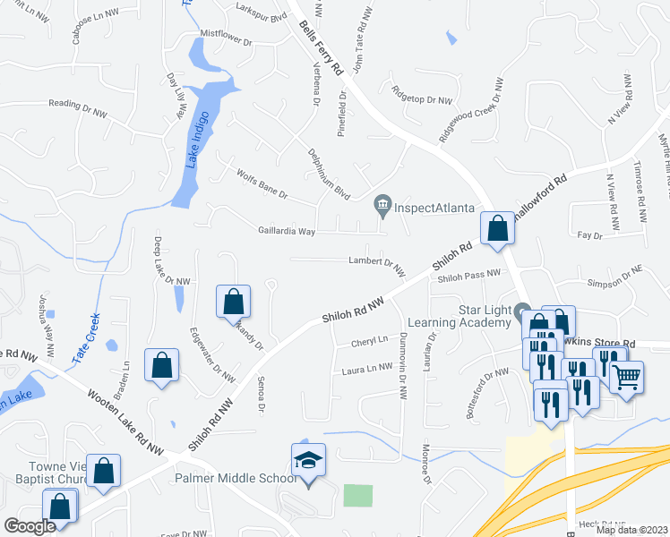 map of restaurants, bars, coffee shops, grocery stores, and more near 4461 Lambert Drive Northwest in Kennesaw