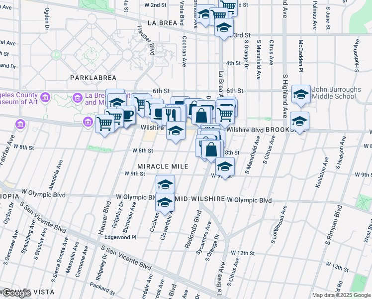 map of restaurants, bars, coffee shops, grocery stores, and more near 5403 West 8th Street in Los Angeles